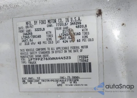 1998 Ford F-250 Lariat/Standard/Xl/Xlt from USA, damaged, VIN 1FTPF276XWNA44523